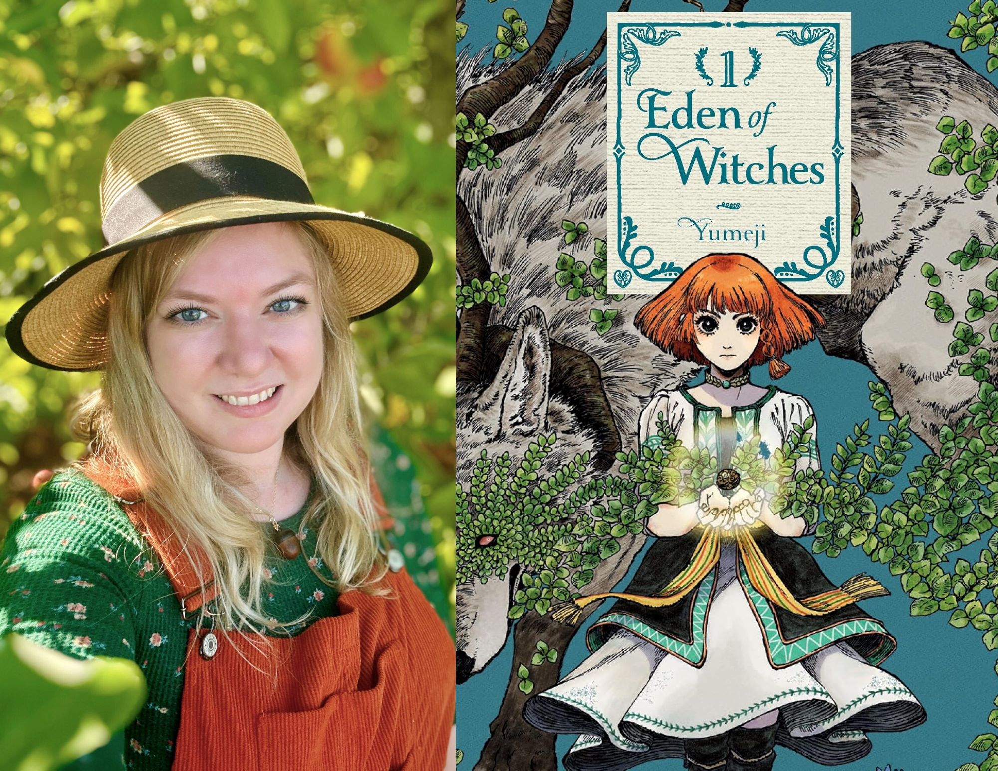 Photo of Genevievre Wood, the Young Adult Coordinator at Richmond Public Library, beside the cover of Eden of Witches (Volume 1) by Yumeji.