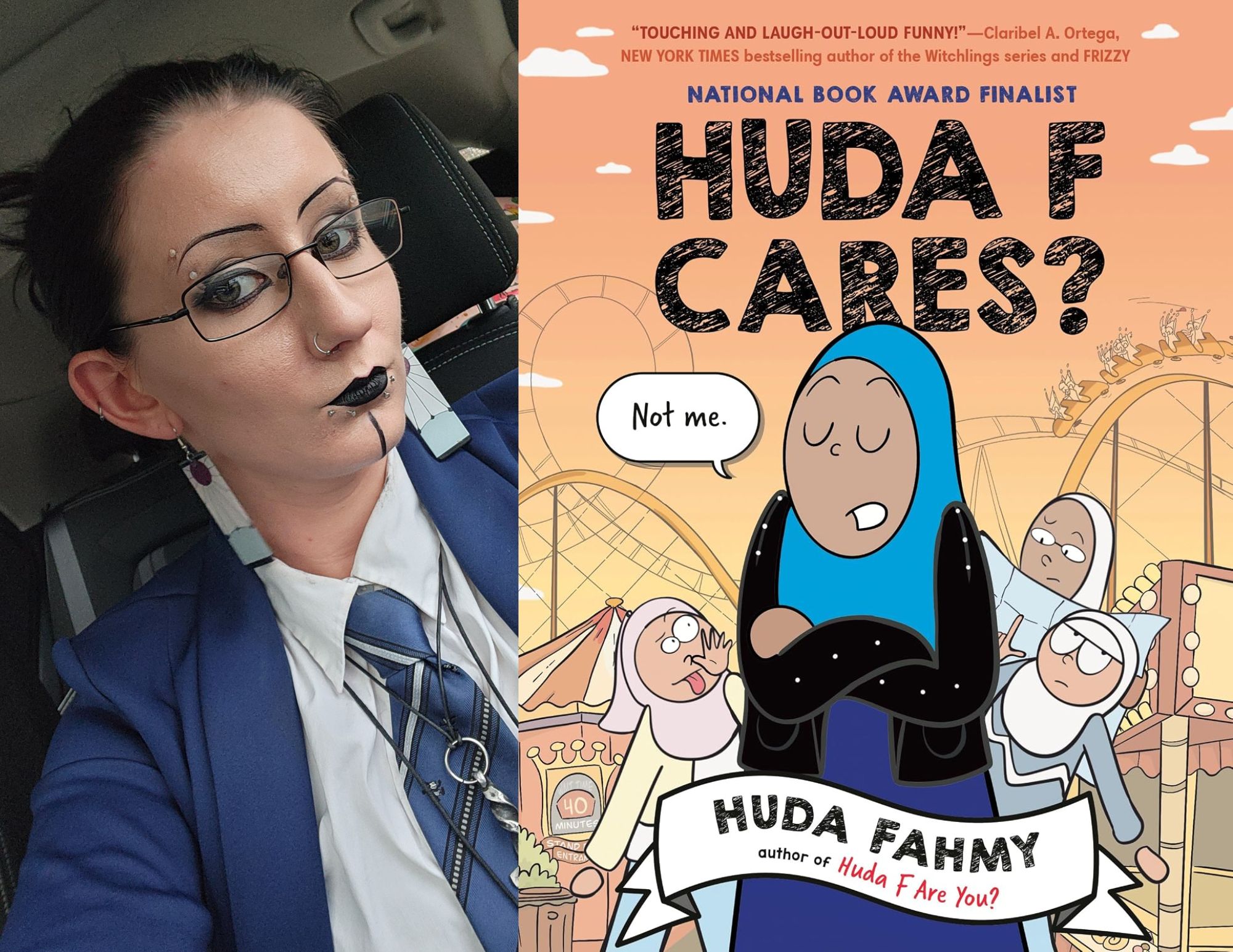 Photo of Kelli Young-Kravitz, a Young Adult Associate at the North Avenue branch, beside the cover of Huda F Cares? by Huda Fahmy.