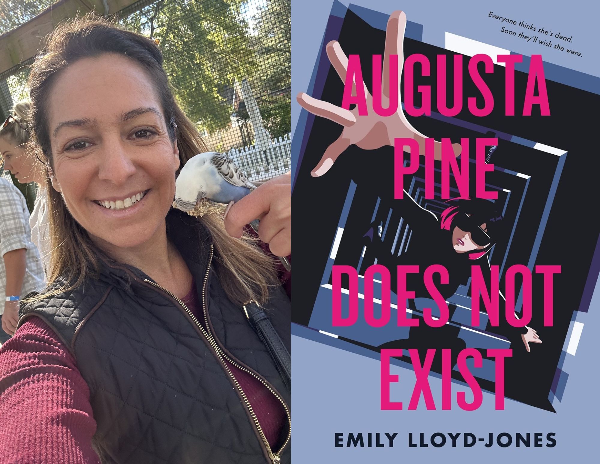 Photo of Lauren Clementi, a Youth Services Associate at the Main branch, beside the cover of Augusta Pine Does Not Exist by Emily Lloyd-Jones.