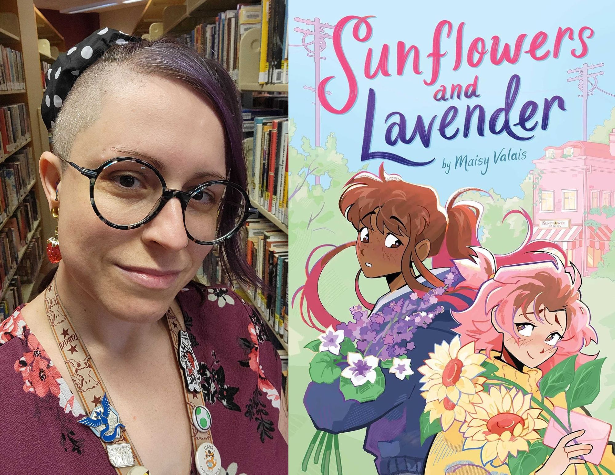 Photo of Nicole Byers, a Young Adult Associate at the East End branch, beside the cover of Sunflowers and Lavender by Maisy Valais.