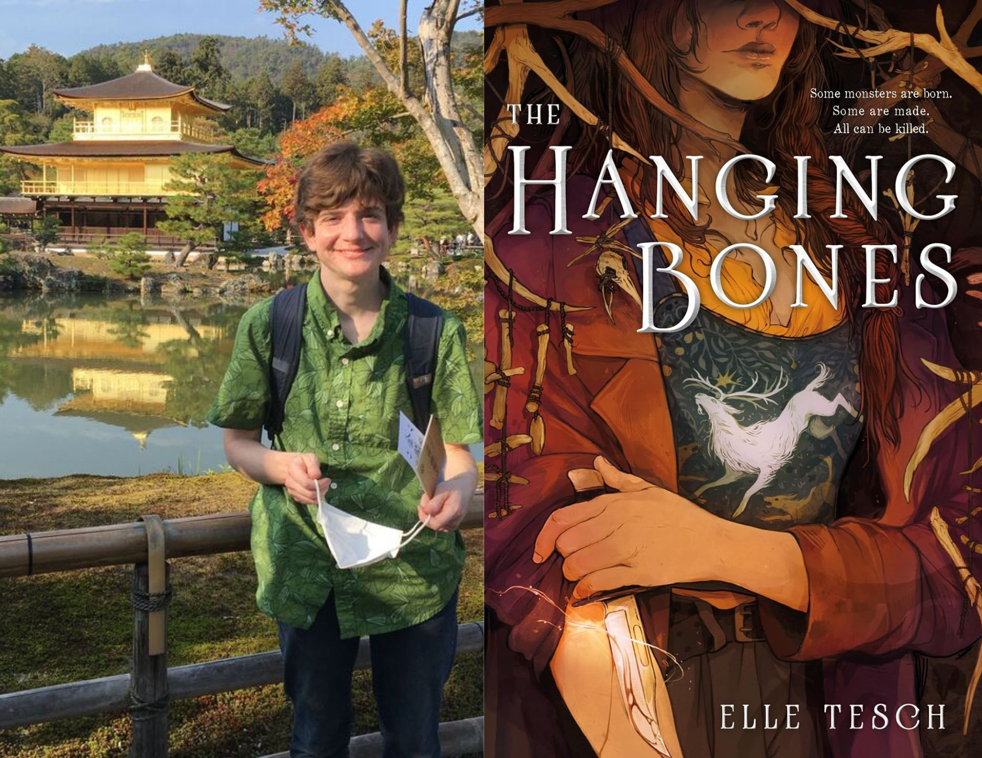 Photo of Rachel Condon, a Youth Services Librarian at the Ginter Park branch, beside the cover of The Hanging Bones by Elle Tesch.