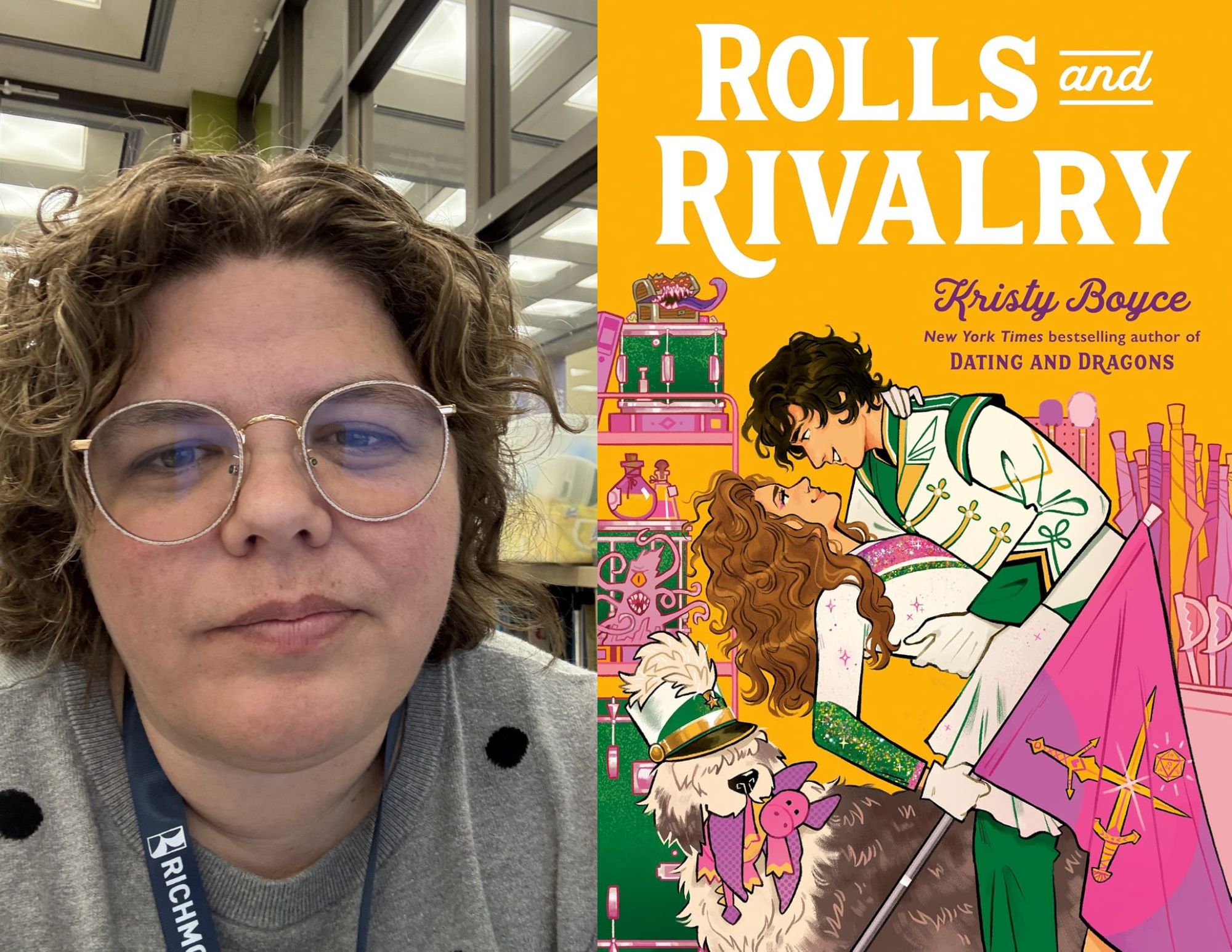 Photo of Adriane Marshall, a Youth Services Librarian at the Hull Street Branch, beside the cover of Rolls and Rivalry by Kristy Boyce.