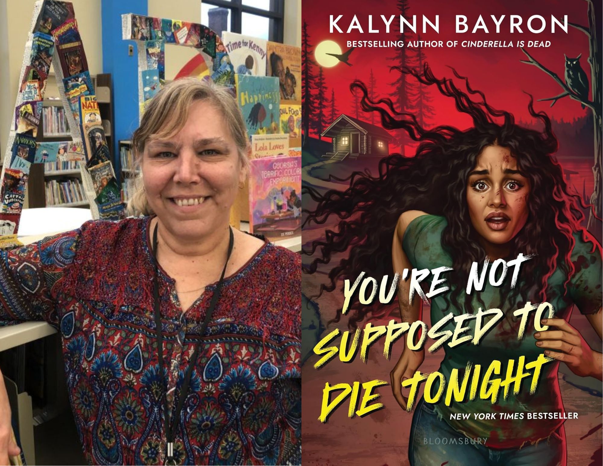 Photo of Beth Morris, the Library/Community Services Manager at the Main Library, beside the cover of You're Not Supposed to Die Tonight by Kalynn Bayron.