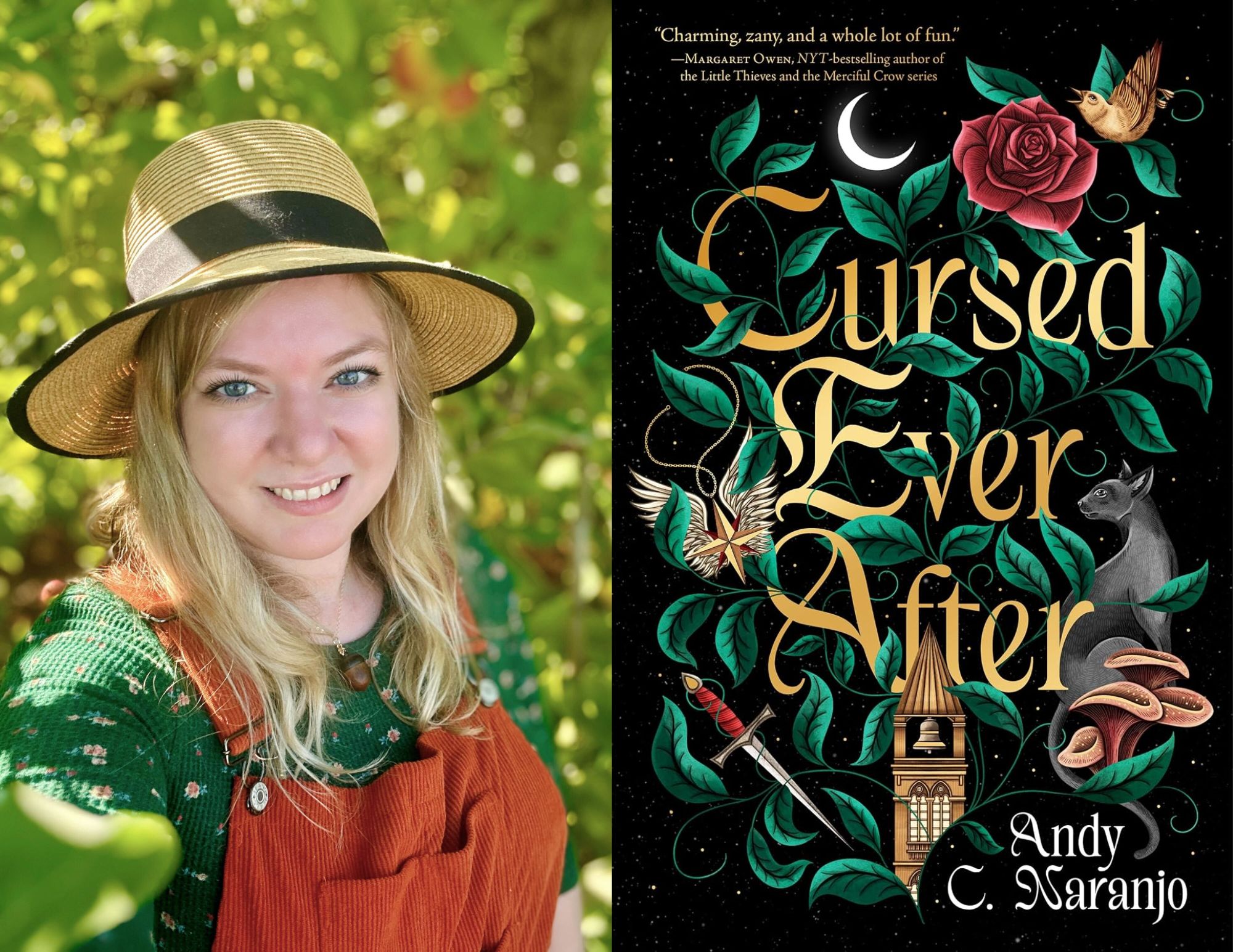 Photo of Genevievre Wood, the Young Adult Coordinator at Richmond Public Library, beside the cover of Cursed Ever After by Andy C. Naranjo.