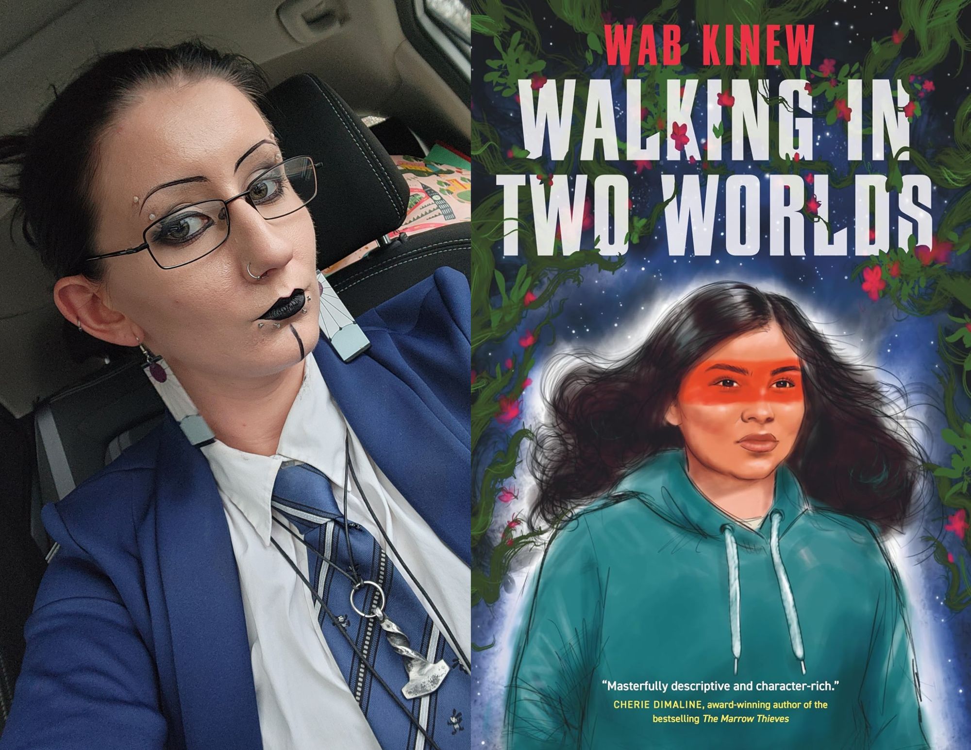 Photo of Kelli Young-Kravitz, a Young Adult Associate at the North Avenue branch, beside the cover of Walking In Two Worlds by Wab Kinew.
