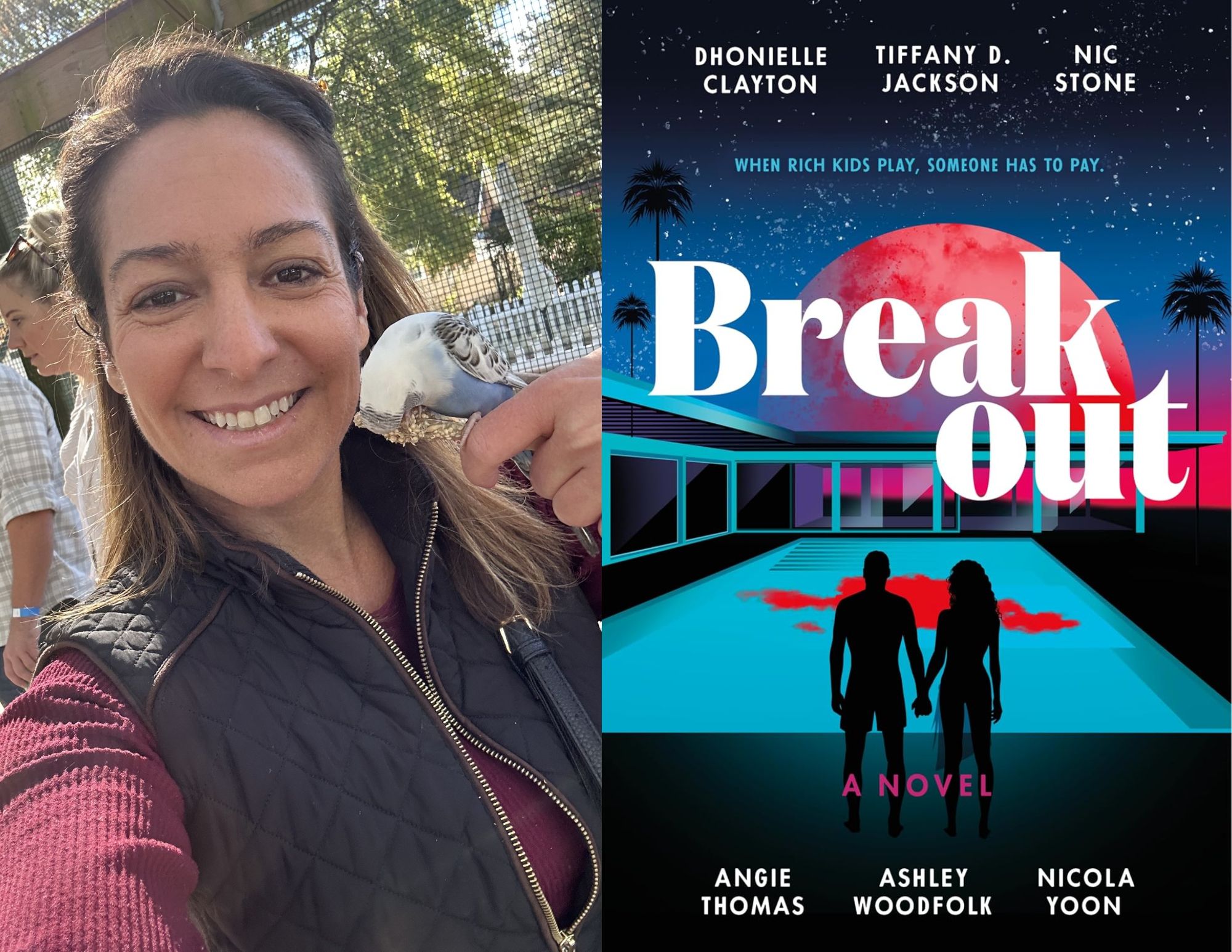 Photo of Lauren Clementi, a Youth Services Associate at the Main branch, beside the cover of Breakout by Dhonielle Clayton, Tiffany D. Jackson, Nic Stone, Angie Thomas, Ashley Woodfolk, and Nicola Yoon.