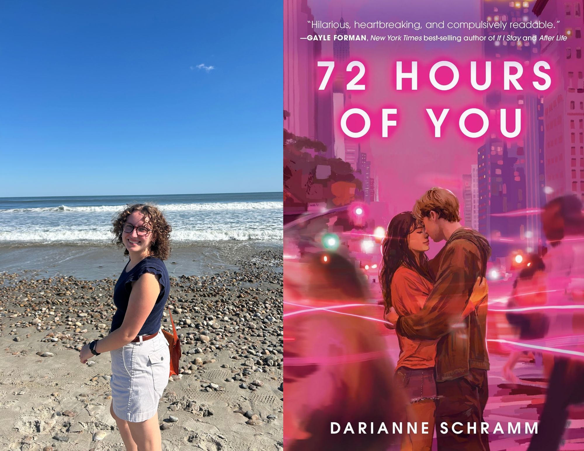 Photo of Maeve Holder, a Youth Services Associate at the Main branch, beside the cover of 72 Hours of You by Darianne Schramm.