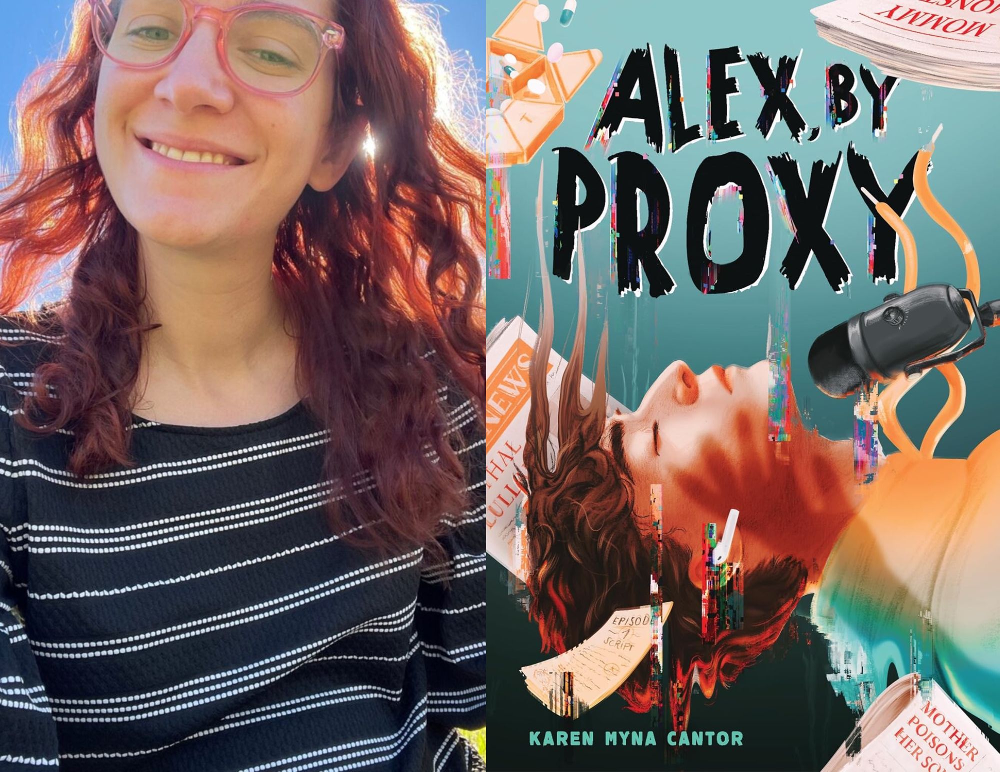 Photo of Mirissa Sorensen, a Youth Services Librarian at the Belmont Branch, beside the cover of Alex, By Proxy by Karen Myna Cantor.