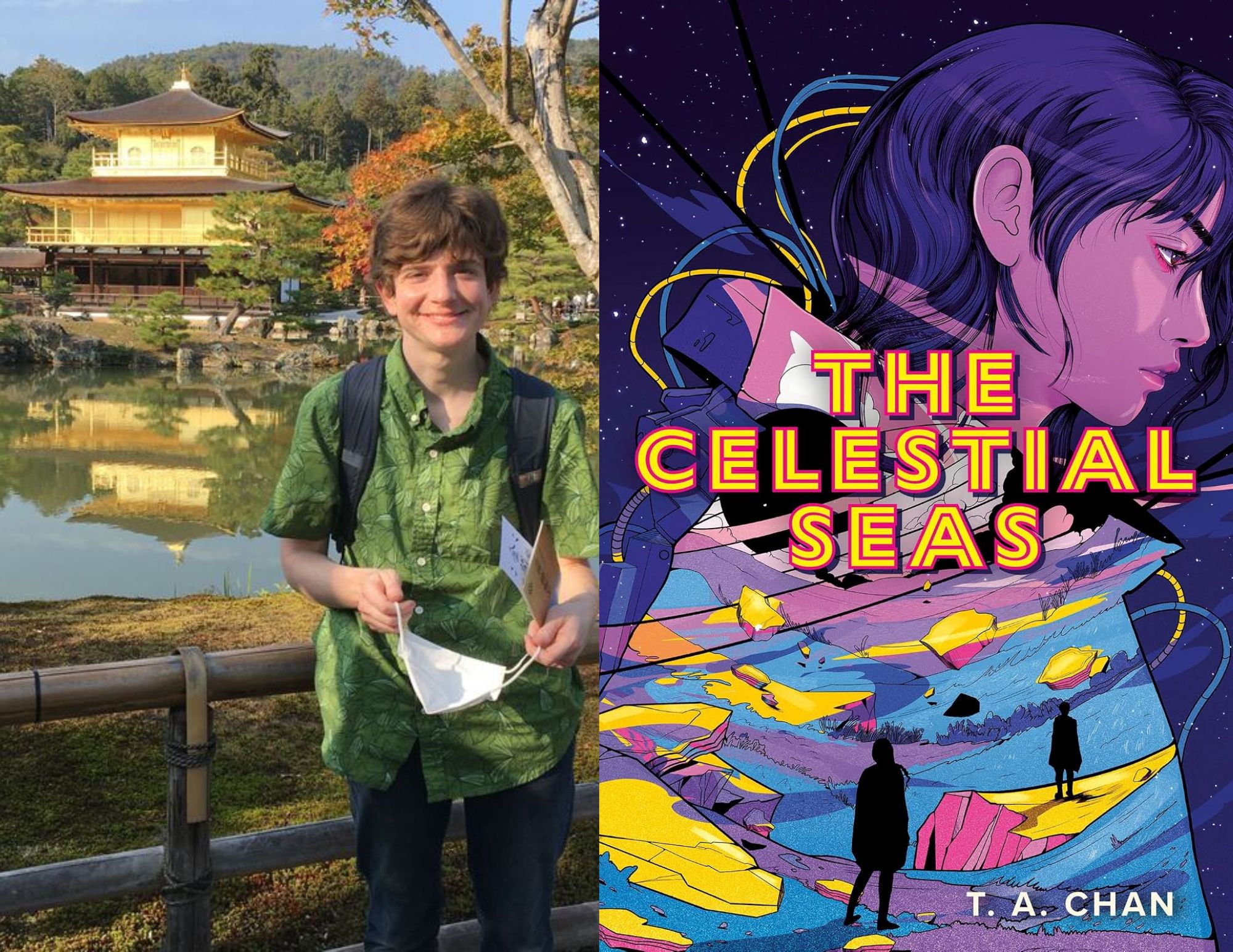 Photo of Rachel Condon, a Youth Services Librarian at the Ginter Park branch, beside the cover of The Celestial Seas by T.A. Chan.