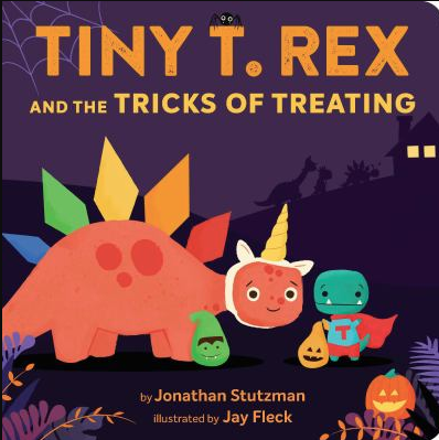 The book cover for Tiny T. Rex and the Tricks of Treating by Jonathan Stutzman.
