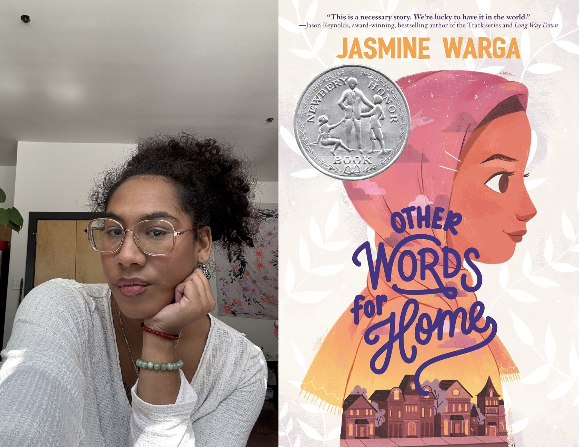 Photo of Shawn Williams, a Youth Services Associate at the Main branch, beside the cover of Other Words for Home by Jasmine Warga.